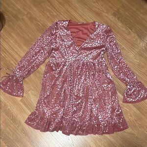 Pink v neck long Sleeve Bell V-Neck Dress soft and stretchy lined